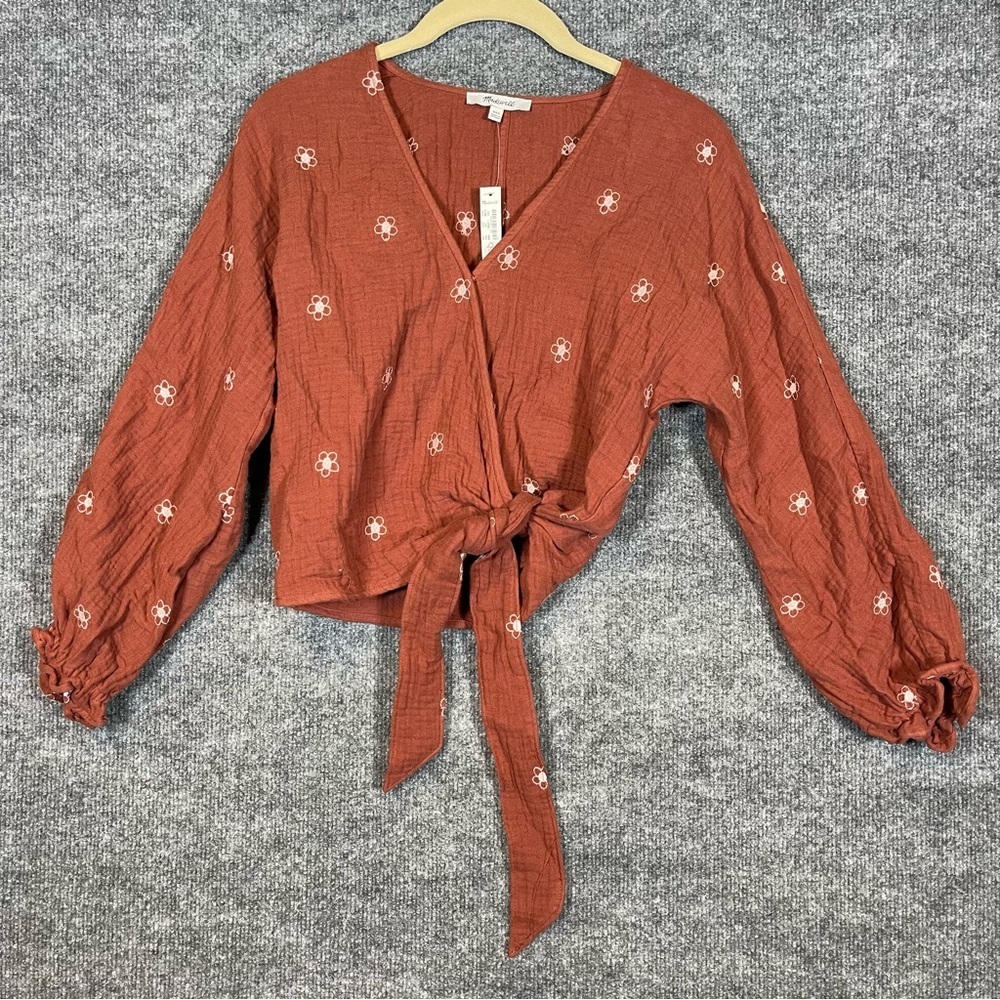 Madewell Womens XXS NWT Burgundy Brown Floral Boho Peasant Wrap Crop Long Sleeve